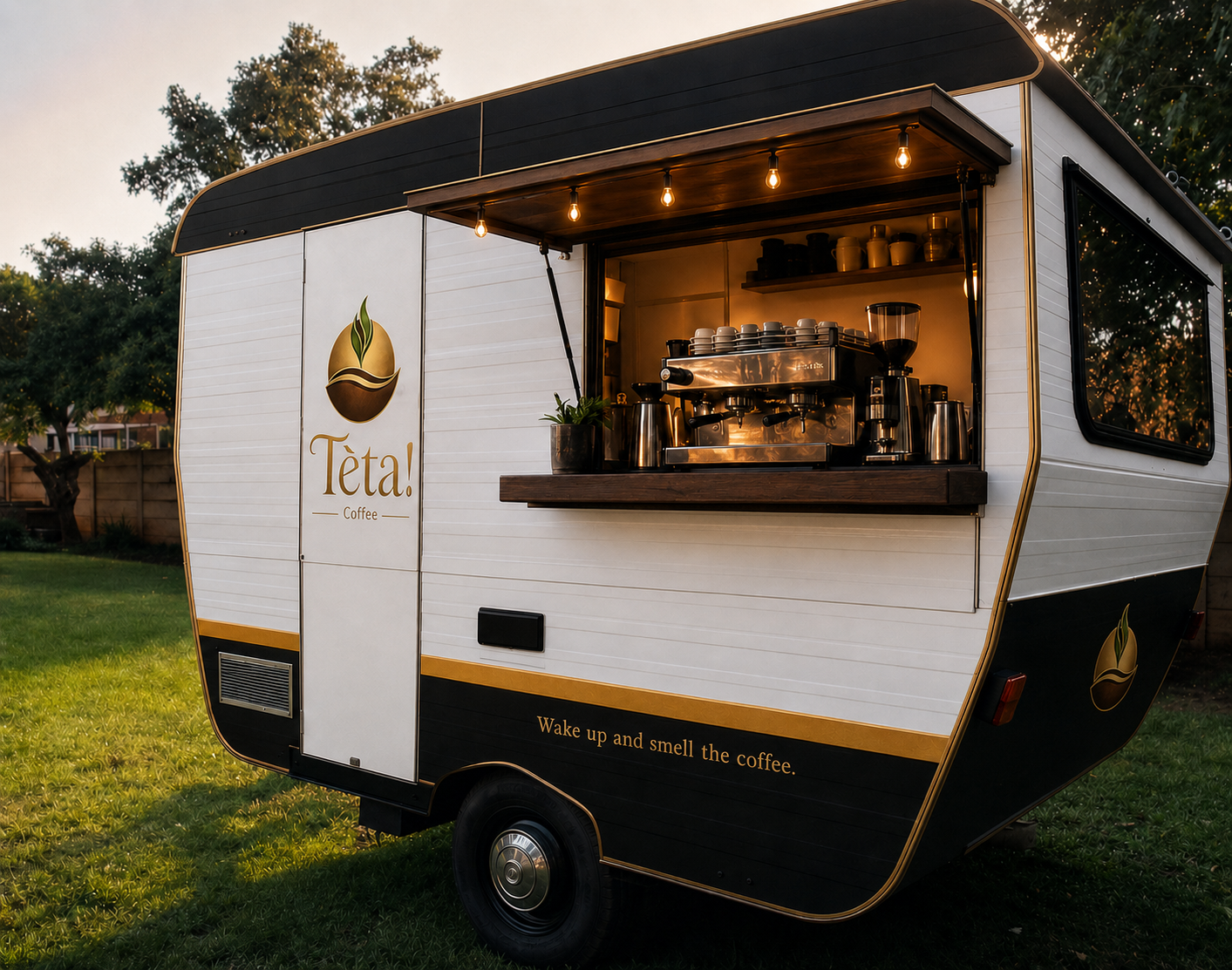 The first Tèta mobile coffee caravan, with white central panels, black upper and lower panels, gold trim and an open service hatch